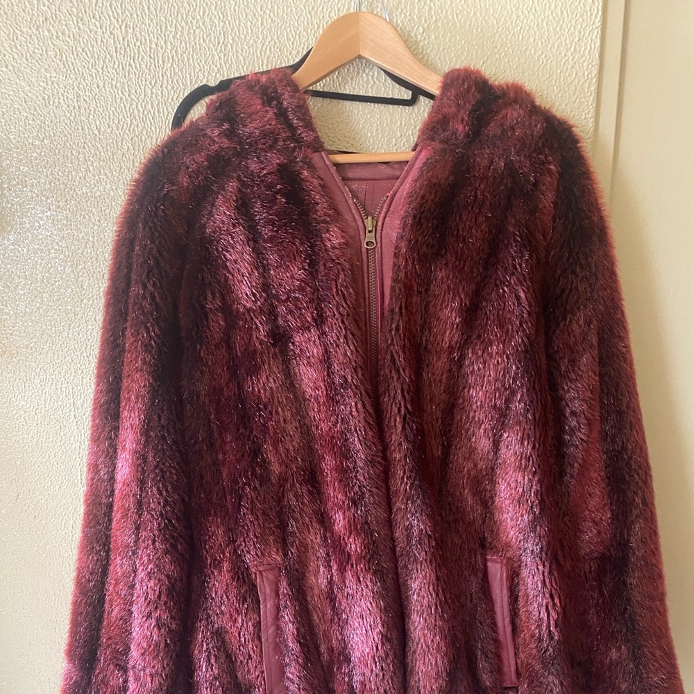 Burgundy fur and leather coat